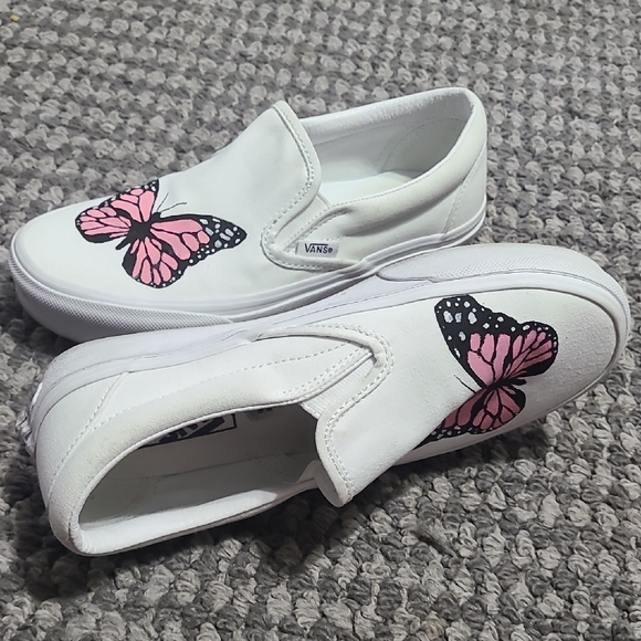 Vans White Slip-On Sneakers‎ Hand Painted Pink Butterfly Design 7 - Picture 5 of 13